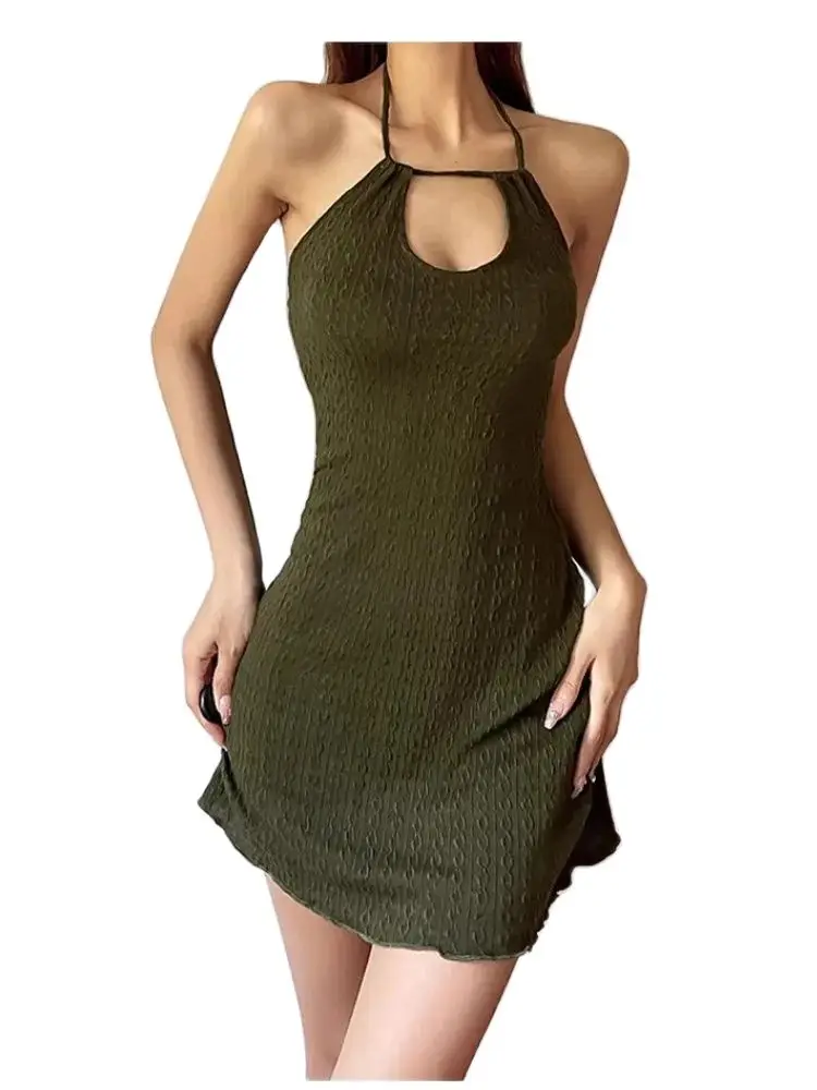 

2024 Spicy Girl Retro Green Skirt Sexy Open Back Lacing Hanging Neck Dress Women's Summer Waist Slim A-line Short Skirt