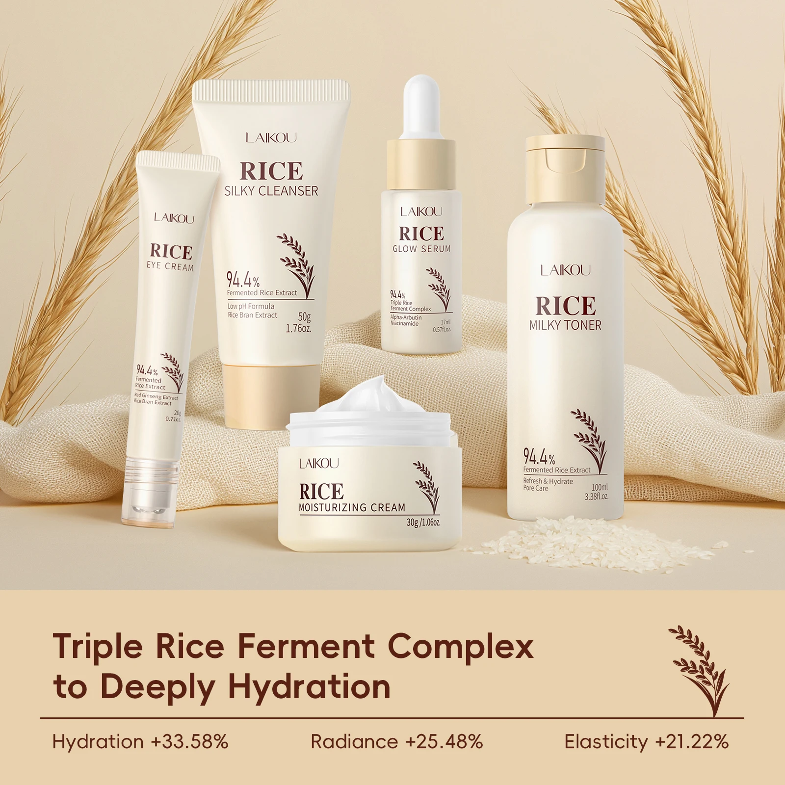 Moisturizing & Anti-Oxidation! LAIKOU Rice 5-Piece Skincare Set (50g Cleanser+100ml Toner+17ml Serum+20g Eye Cream+30g Cream)
