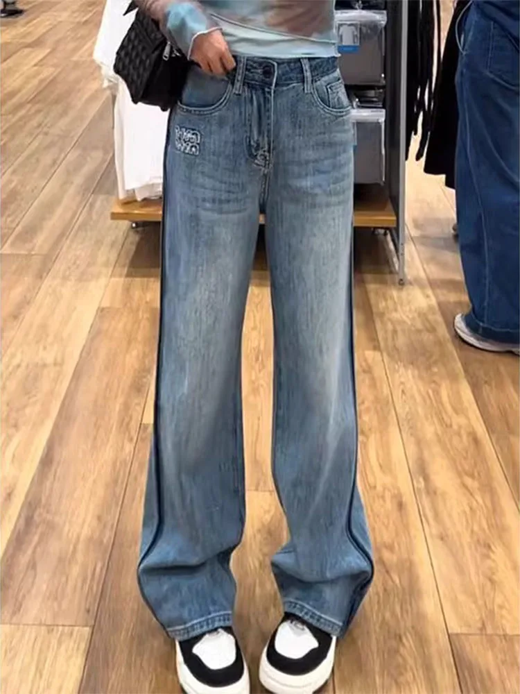 

Свободные прямые джинсы с высокой талией, женские джинсы больших размеров, осенние новые винтажные утягивающие повседневные широкие брюки