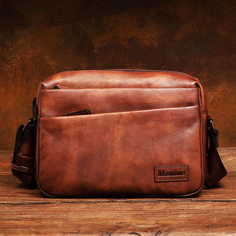 Luxury retro leather men's bag hand-polished leather messenger bag casual horizontal men's one-shoulder messenger bag