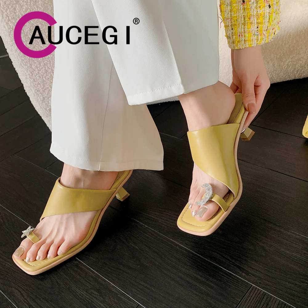 

Aucegi New Genuine Leather Retro Star Crystal Square Toe Pinch Sandals Fashion Thin Mid Heel Slippers Women Party Dress Shoes