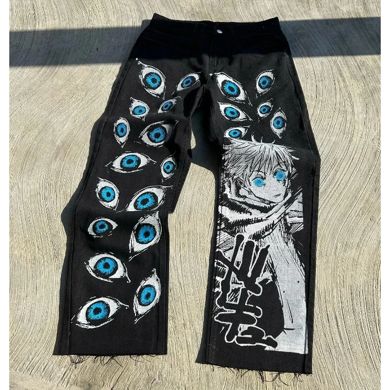 Джинсы Y2K в стиле ретро с японским анимационным принтом, штаны из денима с завышенной талией и широкими штанинами, черные, 2024