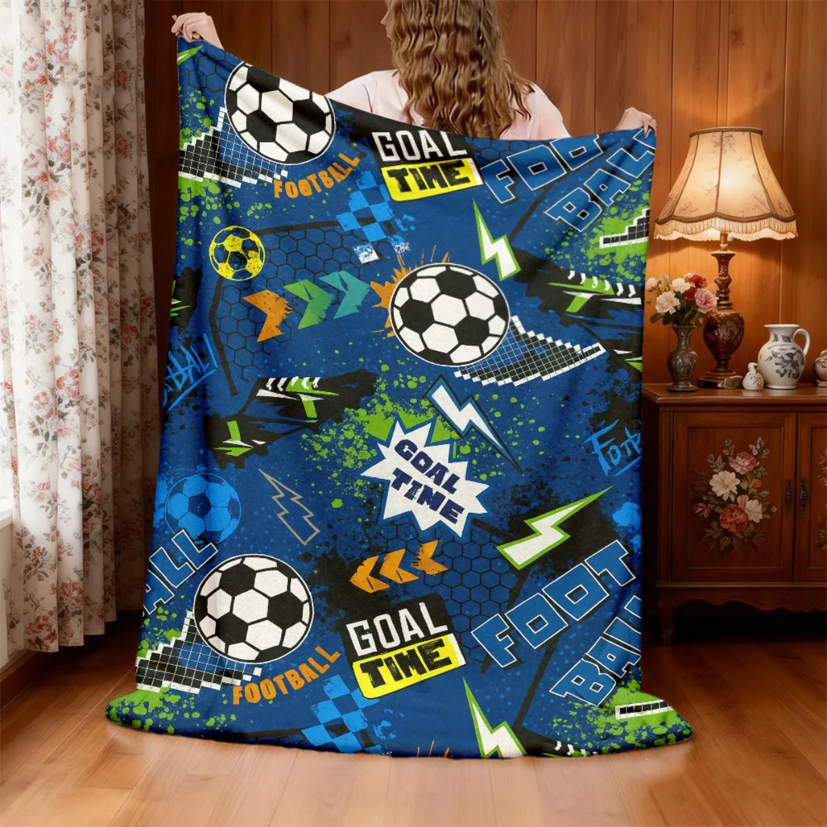 1pc Soccer Theme Blanket Soft Hypoallergenic MachineWashable AllSeason Throw with Vibrant Soccer Ball, Lightning Bolt & Goal Net