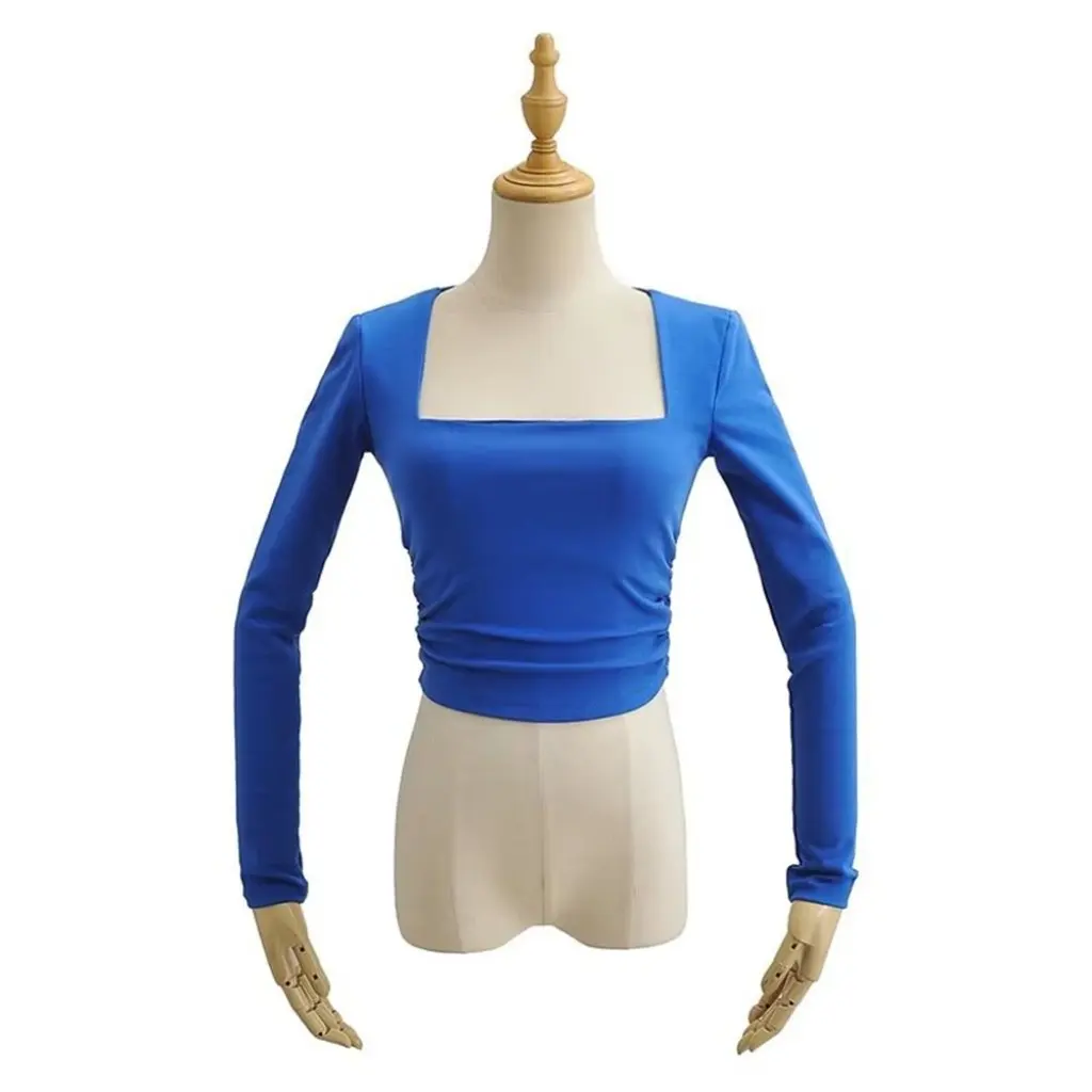 

YPFF Women's Pleated Waist Long-sleeved T-shirt Fashionable Square Collarbone Slimming Short Top Hot Girl Style