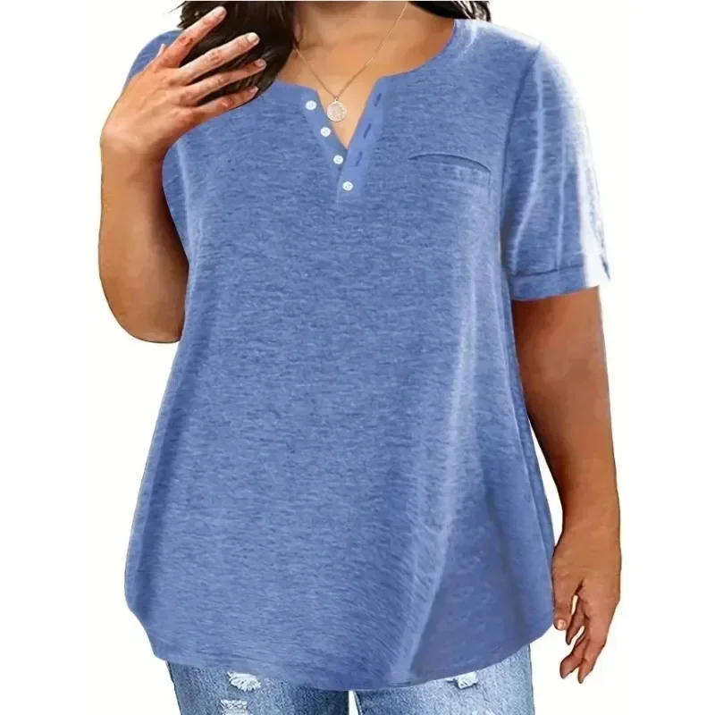 

Ladies' Plus Size T-shirt, 1XL-5XL, New V-neck Style, Casual, Short Sleeve, Loose Fit, with Pocket