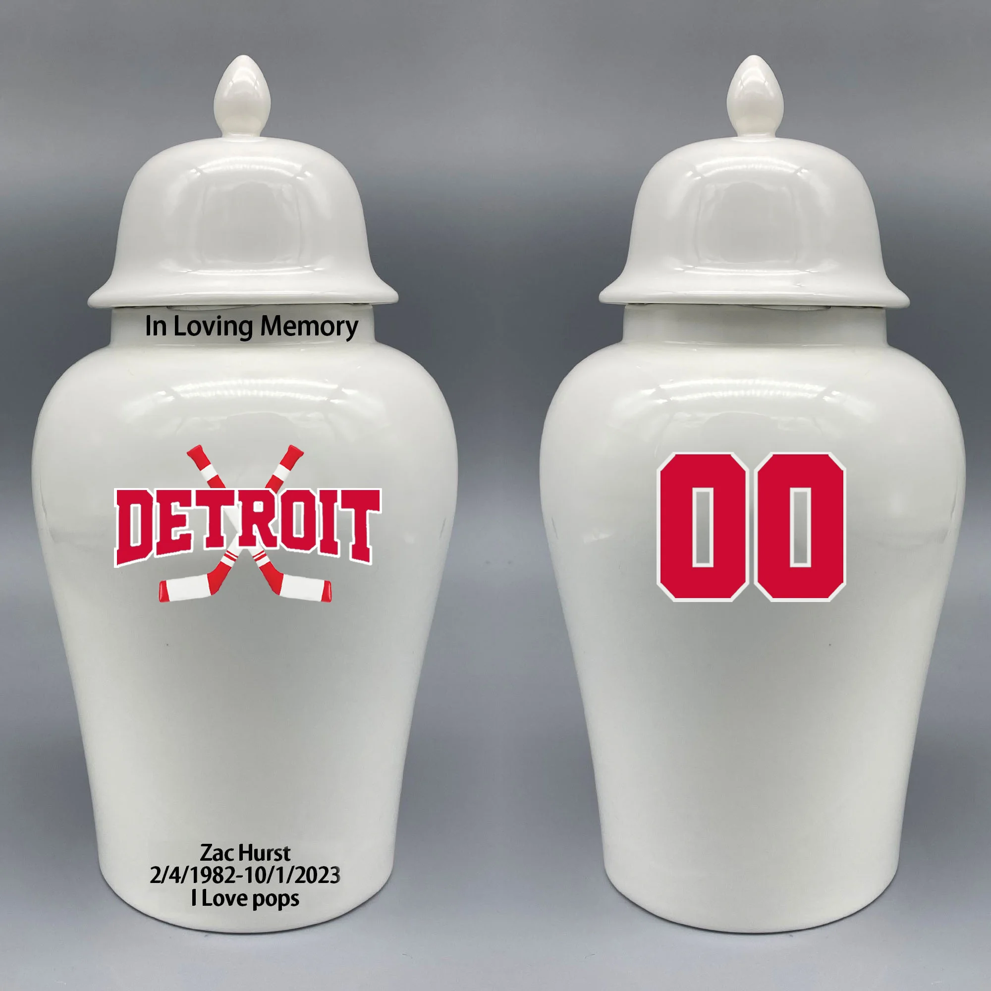 

Large Urn for Detroit Red Wings-themed Hockey Urn.Please send me the customize information-name/date and number on the urn