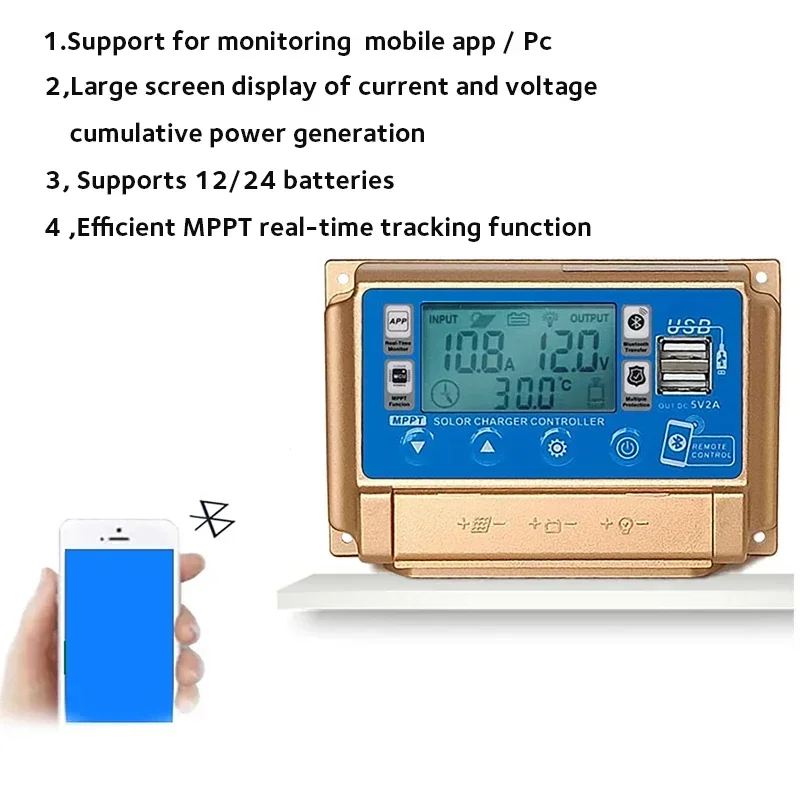 Solar MPPT 60A 50A 40A 30A Solar Charge Controller Dual USB LCD Display 12V 24V Solar Cell Panel Charger Regulator Bluetooth