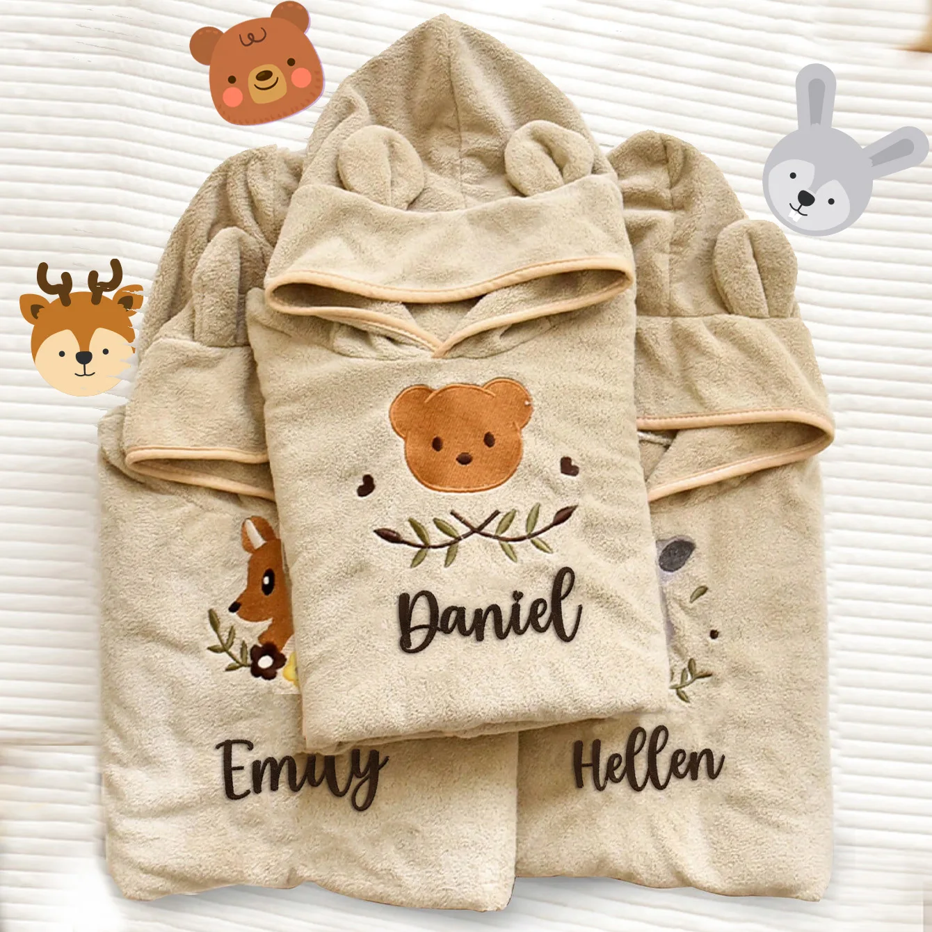 Custom Name-Embroidered Kids' Hooded Bath Towel | 60*60cm Soft Absorbent Cartoon Animal Cape | All-Season Gift for Toddlers