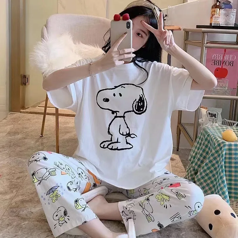 Kawaii Women Pajamas Snoopy Mickey Short Sleeve T-shirts Pants Set Summer Spring Loose Cartoon Print Sleepwear Y2k Clothes