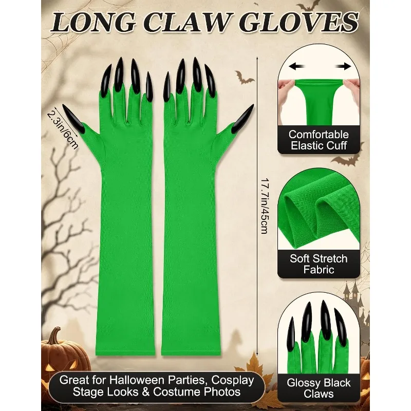 2 Pcs Witch Costume Set Halloween Elphaba Green Gloves with Nail Art Stockings Women Adult Girls Halloween Cosplay Suit Prop
