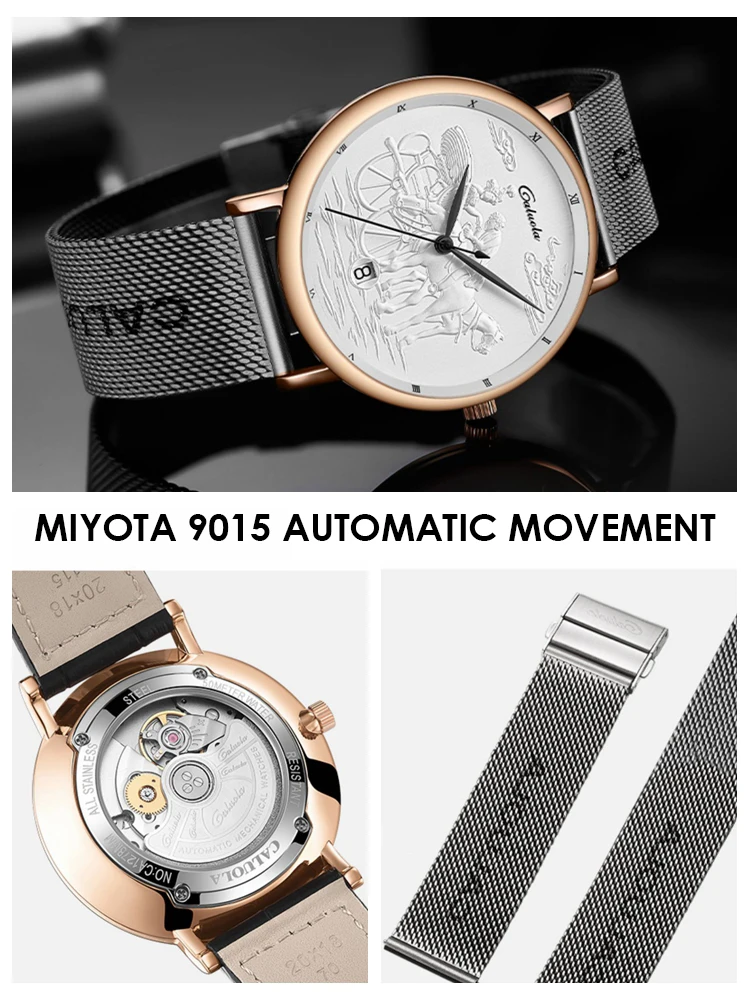 Luxury Automatic Watch Men Miyota 9015 Mechanical Wristwatches 40mm Relief Art Dial Fashion Watches Waterproof Clocks CALUOLA