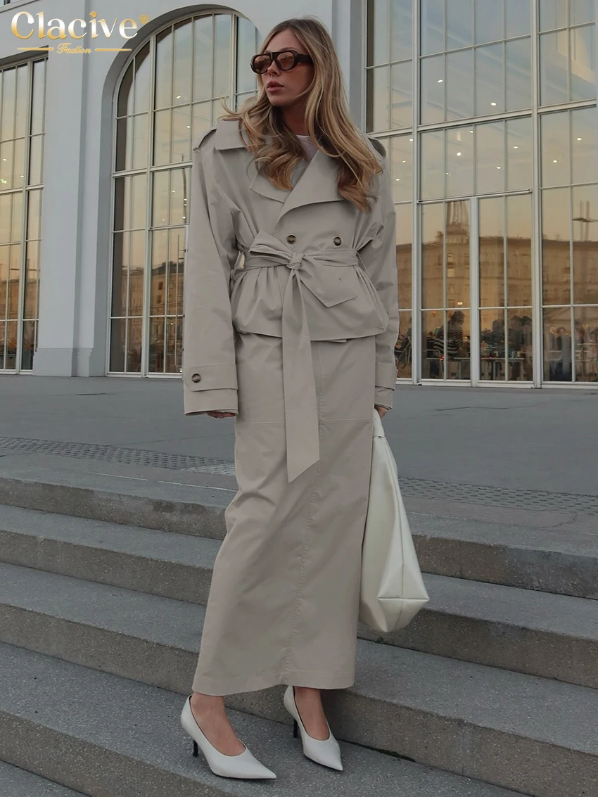 Clacive موضة فضفاضة الكاكي 2 قطعة مجموعة النساء 2025 قميص أنيق طويل الأكمام مع ارتفاع الخصر ماكسي تنورة مجموعة الملابس النسائية #4