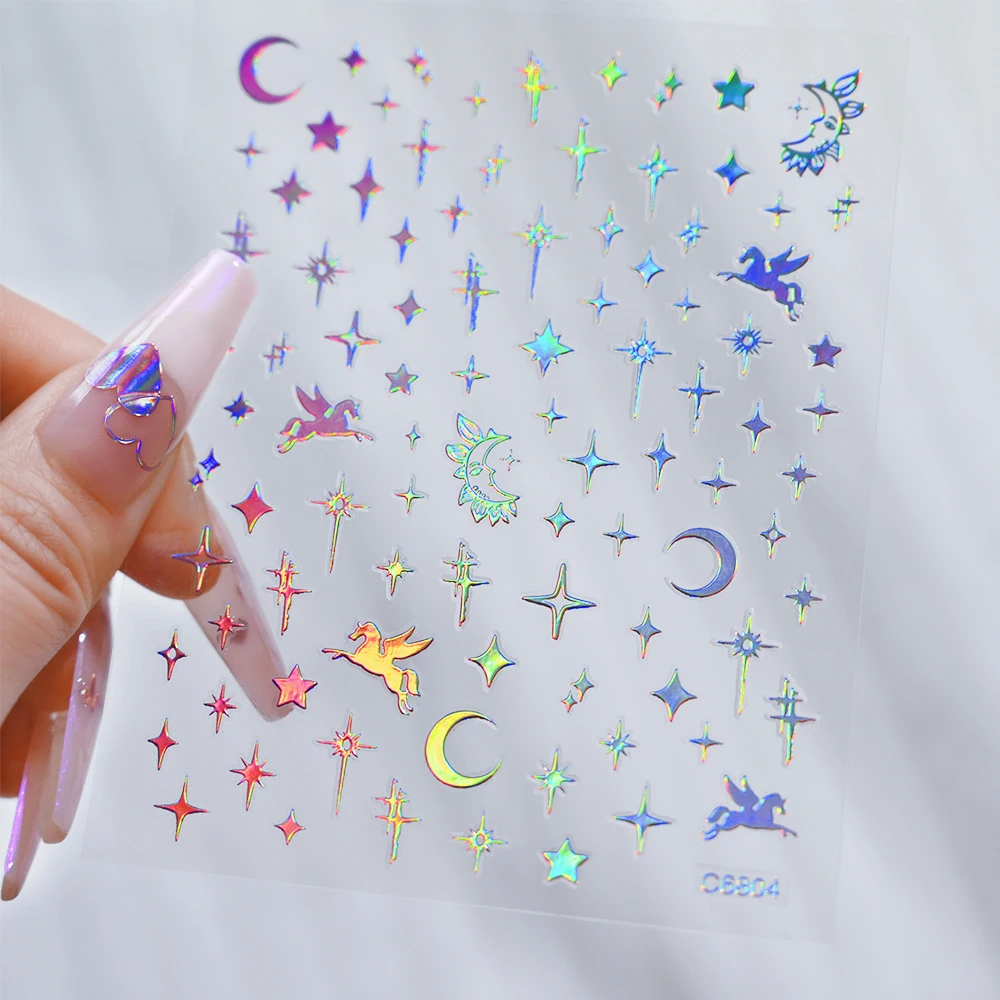 1Sheet Heart Star Moon Design Nail Sticker Sparkling Aurora Love Nail Decal Y2K Laser Iridescent Love Sticker For Nail Art Decor