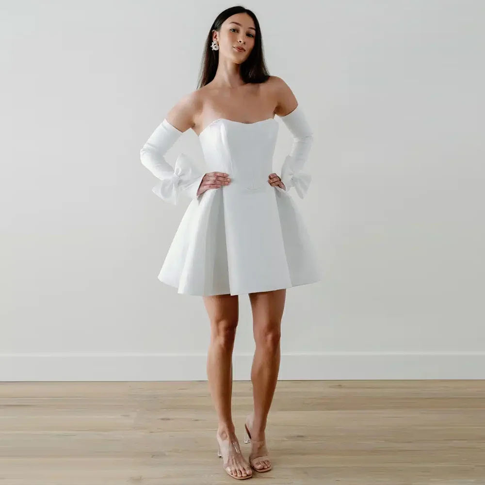 

Off-Shoulder Satin Solid Formal Prom Dress Short Knee-Length Backless and Button Prom Gown with Detachable Sleeve Customzied