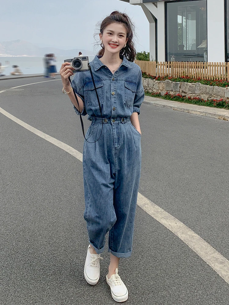 

Women's Denim Overalls Spring Summer High Waist Straight Leg Jeans Suit Casual Comfortable Thin Denim Fabric No Stretch