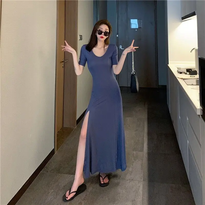 

Women's Summer Short Sleeve Dress2025New Style Split Long Dress Slim Waist Slimming CasualtT-shirt Skirt