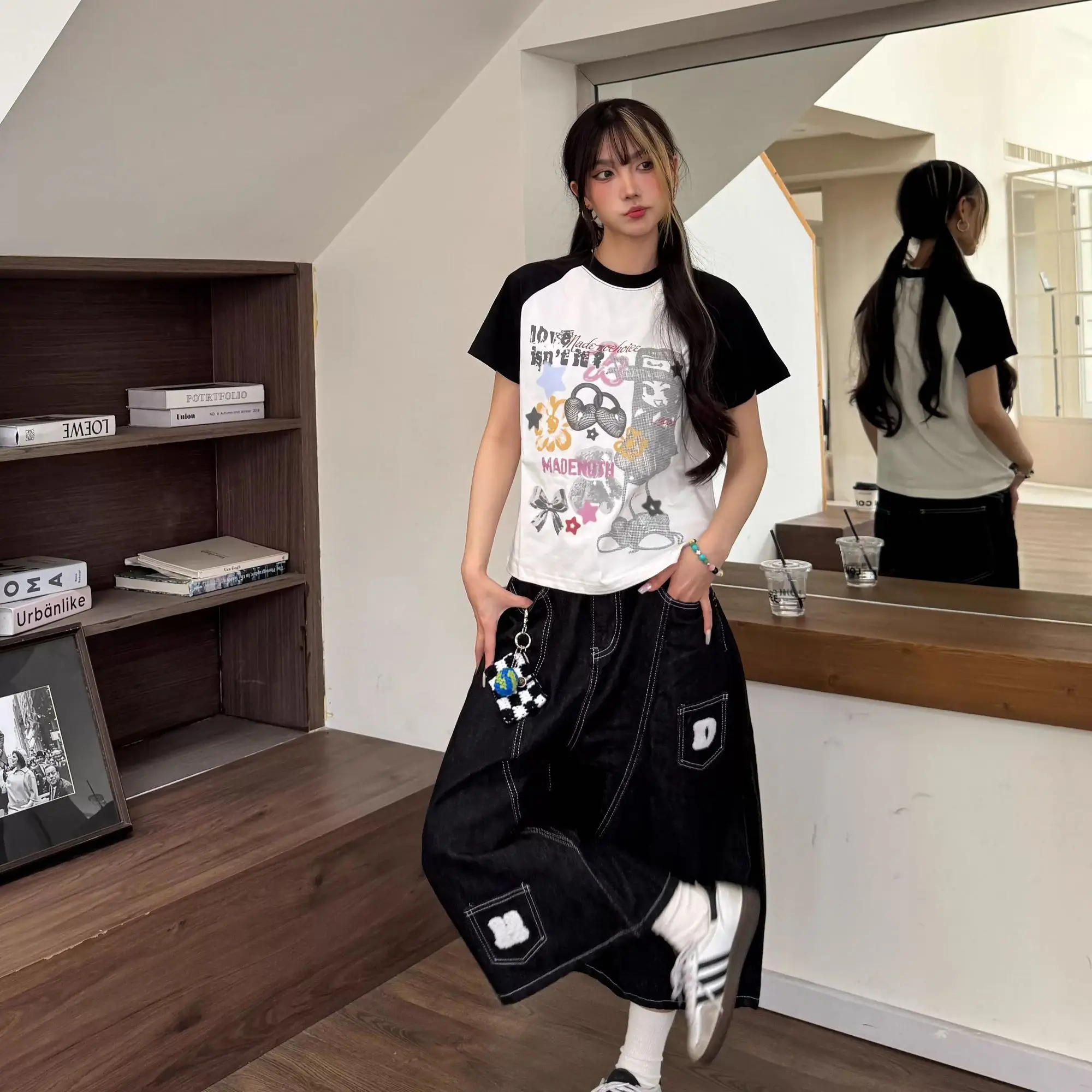 American Retro Color Contrast Hand Drawn Cartoon Raglan Sleeve T-shirt Female Summer Loose Hot Girls Y2k Short Sleeve
