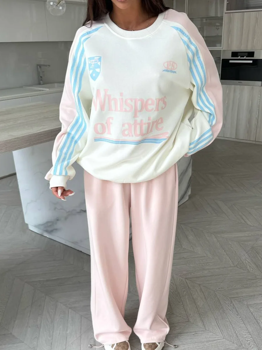 

Модный контрастный свитшот, брючный костюм, осенне-зимний женский уличный свитшот Y2K для дома, спорта на открытом воздухе, широкие брюки, 2 шт.