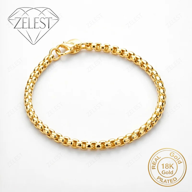 925 Sterling Silver 18K Gold Plated 8-inch Simple Box Chain Bracelet, Fashionable Party Wedding Gift Jewelry for Men and Women