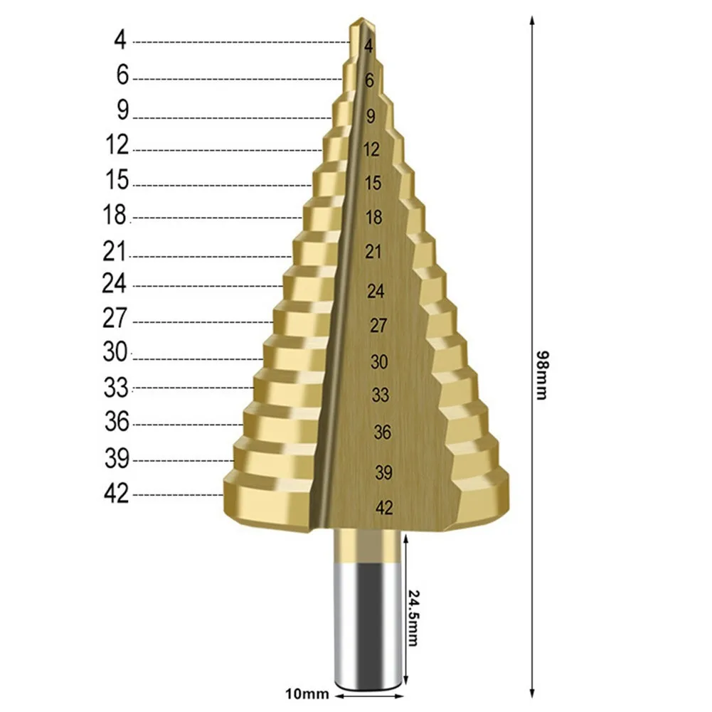 Set di punte da trapano a gradino da 4-42 mm Fresa per flauto dritto in titanio per la lavorazione del legno Apri foro per nucleo in lamiera di alluminio per legno