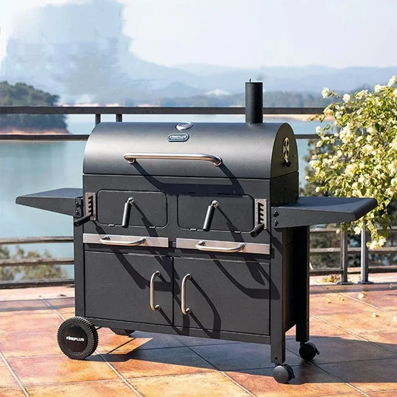 High Quality Large Smokeless Heavy BBQ Grills with Trolley Charcoal Grill Rotisserie Barbecue Smoker - Outdoor Cooking Solution