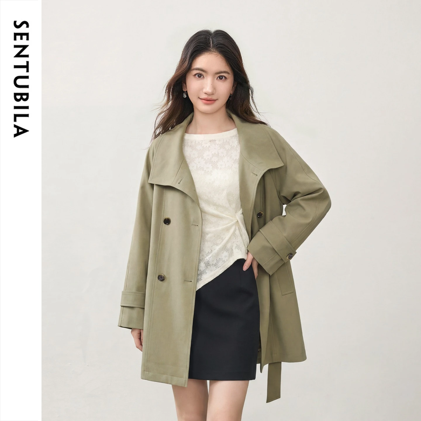 SENTUBILA Wool Blend Trench Coat Women 2026 Autumn Lyocell Midi Detachable‑Belt Jacket Elegant Straight Outerwear Q63FB7887