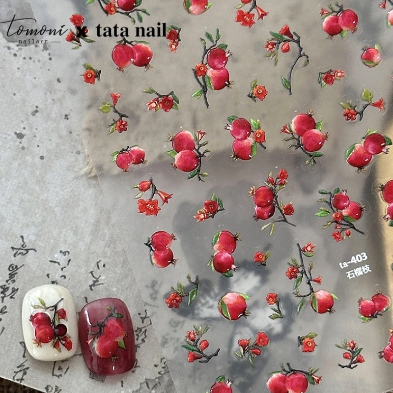 Branches de fleurs de grenade rouge, pomme verte, fraise, pastèque, cerise, fruits, autocollant de manucure auto-adhésif pour Nail Art, DIY bricolage