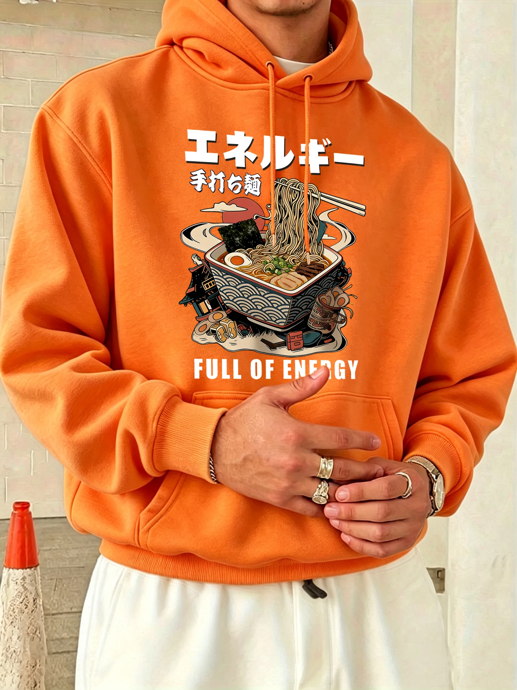 Hot Hand Beating Lamian Noodlespattern Mens Basic Pullover All-Match Commute Hoodie Fleece Loose Clothes Casual Soft Long Sleeve