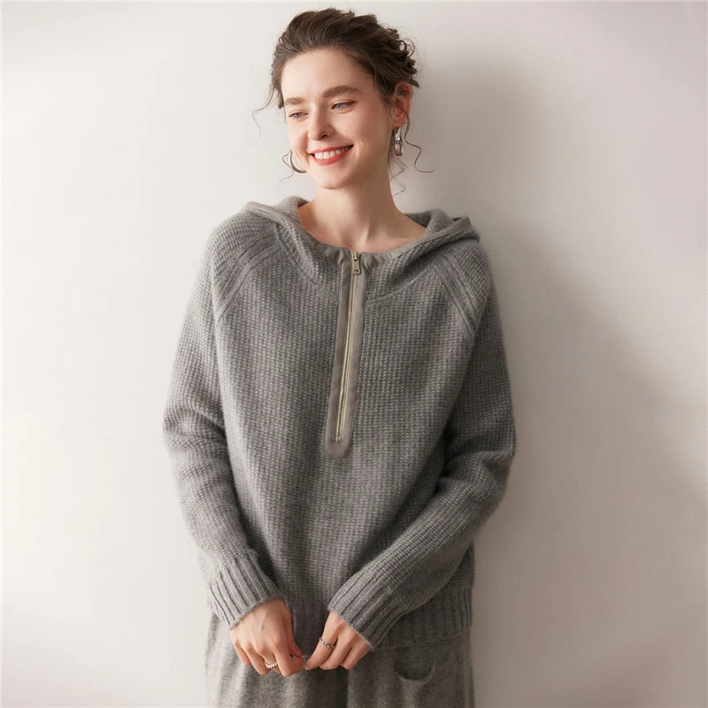 

Женский пуловер с капюшоном и половиной молнии, 100% кашемир, высококачественный модный свитер с длинными рукавами, осень-зима, стильный модный трикотаж