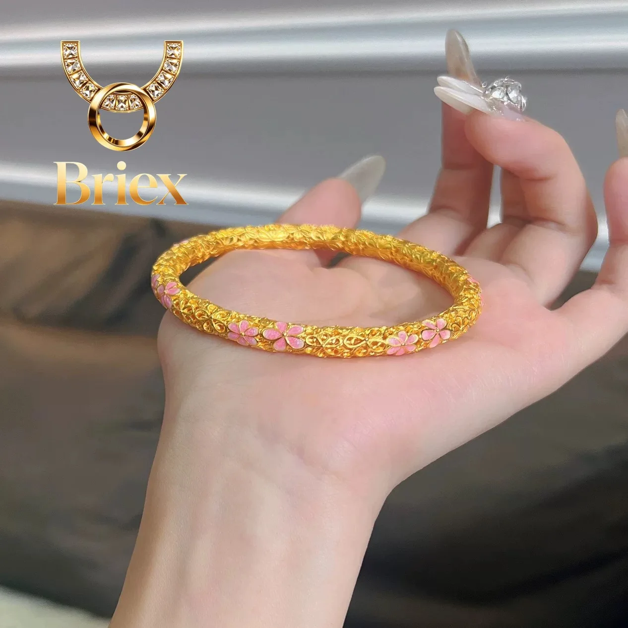 Briex Jewelry Luxury 24K 9999 Pure Gold real gold Women's Peach Blossom Enamel Filament Bracelet