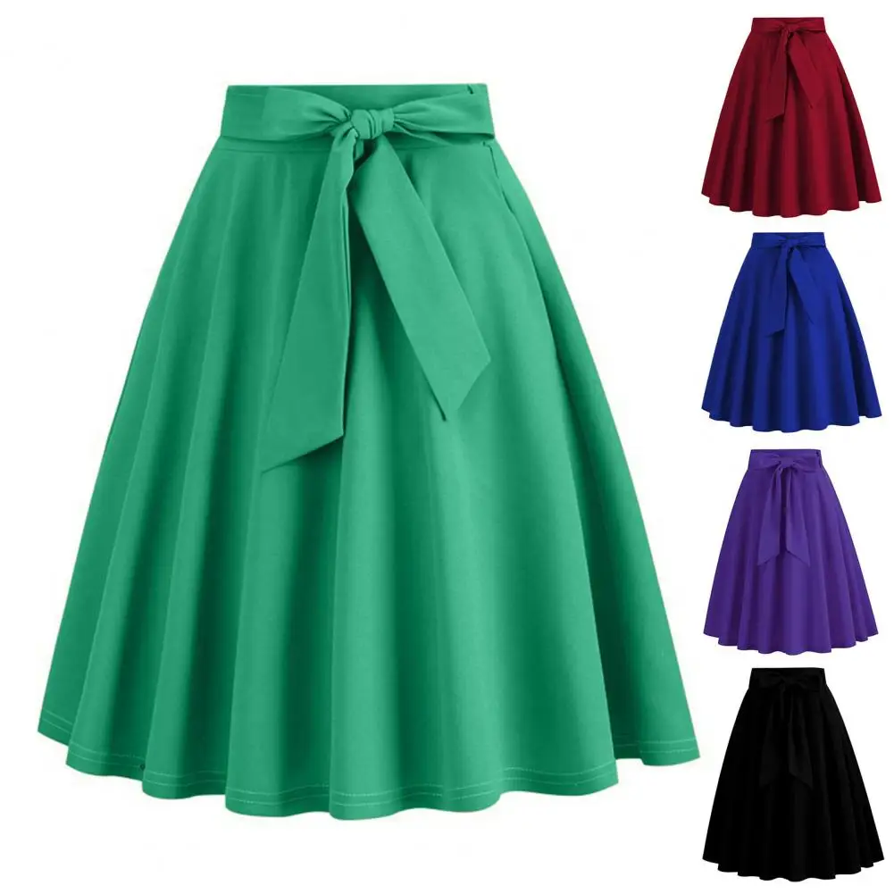 Women Mini Skirt High Waist Lace-up Bowknot Decor Short Skirt Solid Color A-Line Skate Skirt Leisure Daily Wear