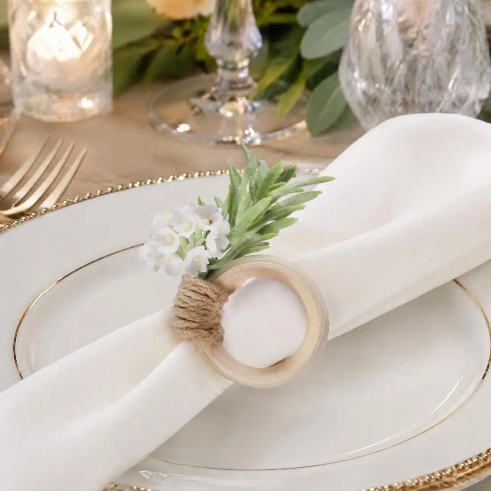 Bridal Shower Table Decor Artificial Rosemary Napkin Rings Farmhouse Wooden Napkin Holders Rustic Faux Flower Rings for Wedding