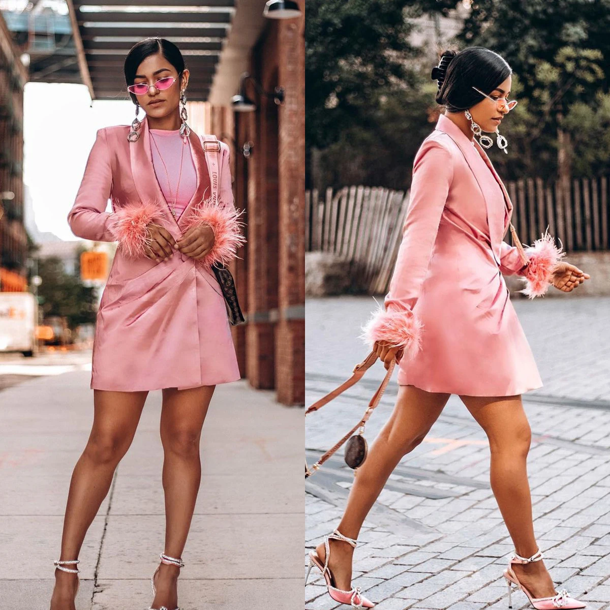 Pink Feather Women Party Blazer One Button Above Knee Dress Deep V Neck Full Sleeve 1 Piece Set Coat Gown