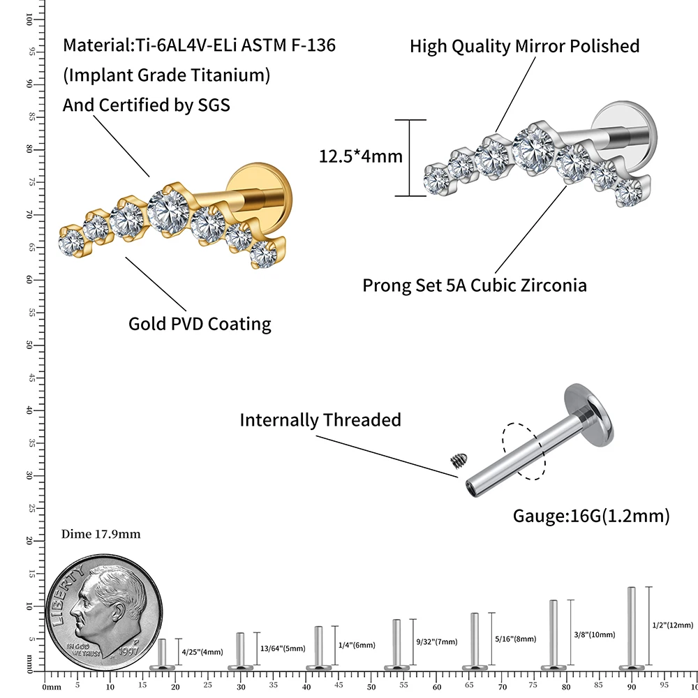 Right Grand ASTM F136 Titanium 16G CZ Cluster Climber Stud Earring Labret Helix Tragus Cartilage Stud Flatback Piercing