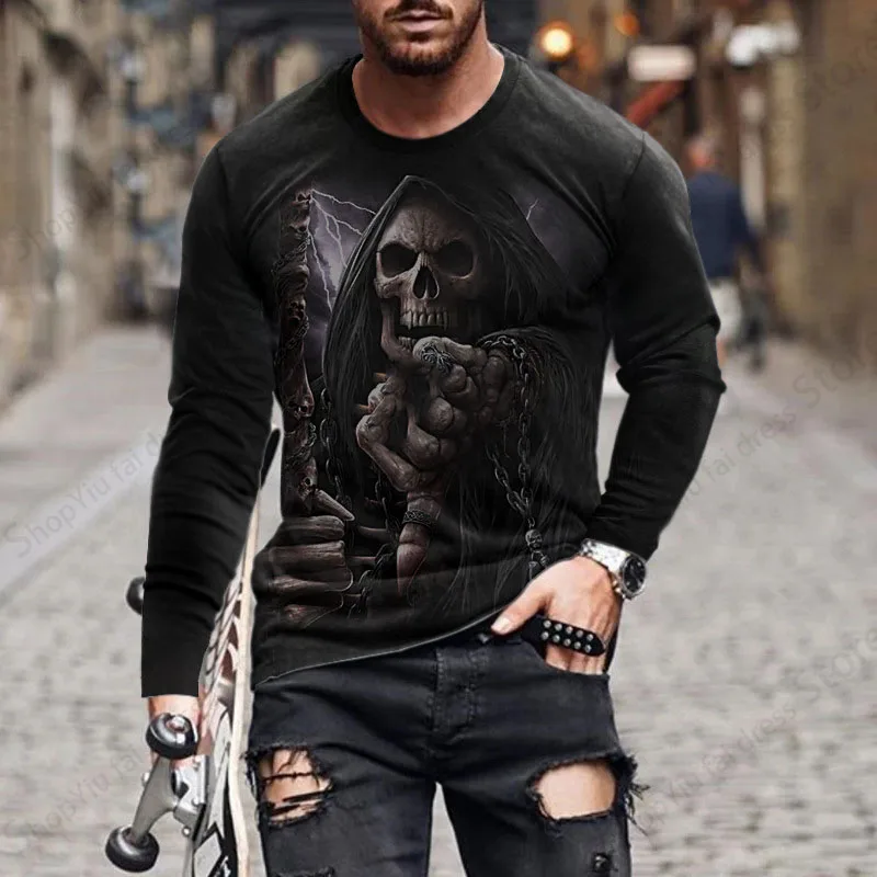 Halloween Men\'s Long Sleeve T-shirt 3d Skull Skeleton Print Graphic T Shirts Men Fashion Hip Hop Tops Tees Men\'s Clothing Horror