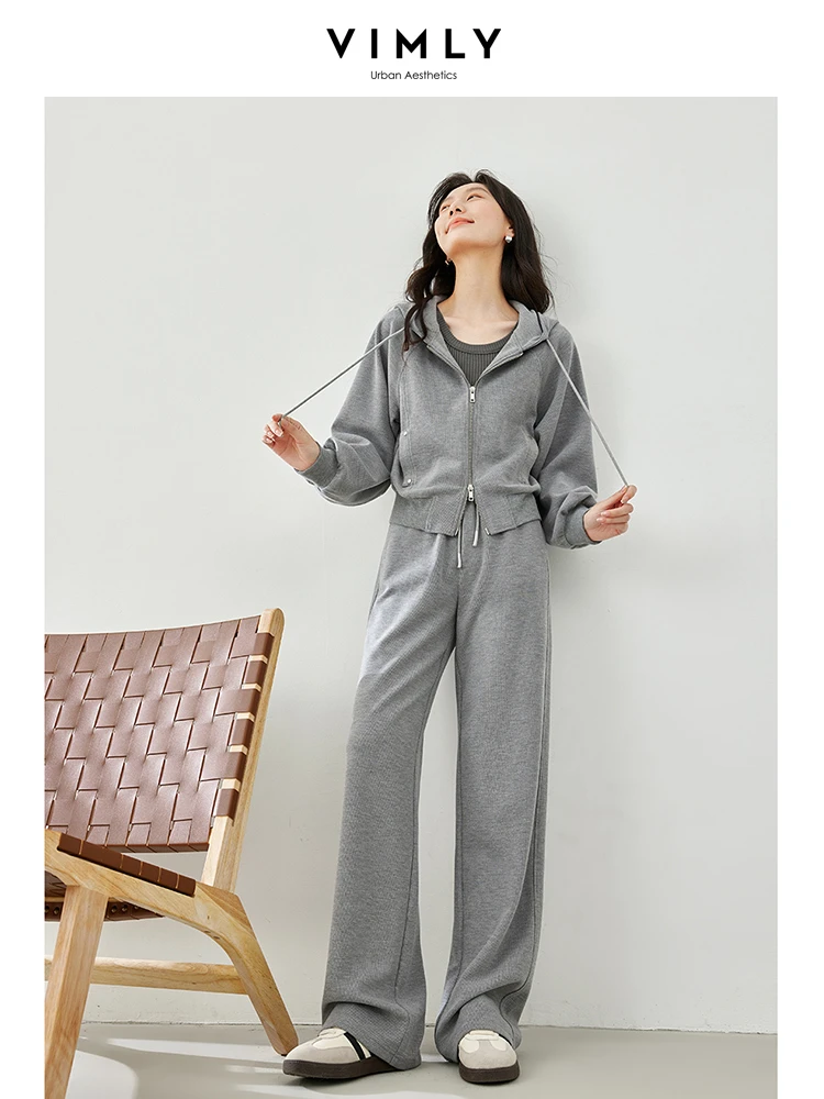 Vimly Gray 2 Piece Sets Women Outfit 2024 Spring Women's Suit Casual Sports Matching Sets Cropped Hooded Jacket Sweat Pant M5399