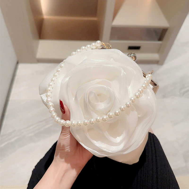 Women Pearl Chain Single Shoulder Bags Ladies Luxury White Flower Clutch Bag Pursh Female Evening Party Wedding Handbags XA884H