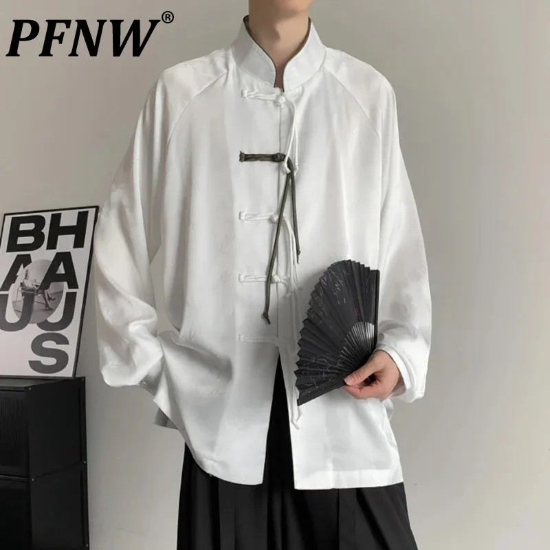 

PFNW New Autumn Men's Shirts Stand Collar Long Sleeve Knot Button Contrast Color Casual Male Clothing Chinese Style 2024 12C959