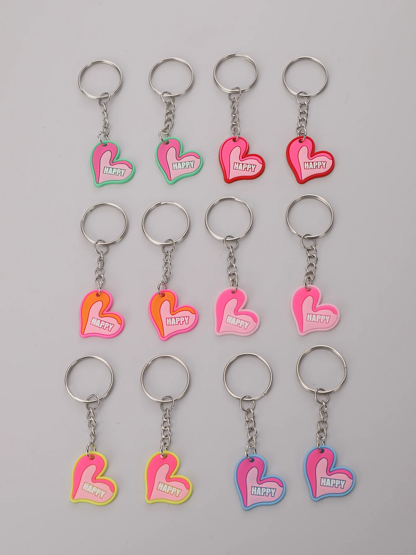 12pcs Letters Happy Heart Keychain Cute Pink PVC Key Chain Ring Bag Backpack Charm Birthday Valentine\'s Day Party Decor Gift