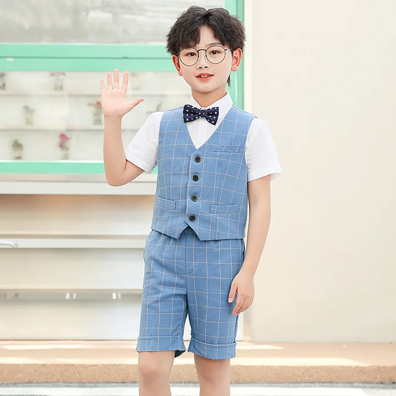 Children's men's short-sleeved piano performance costume chorus dress little boy college style performance suit overalls