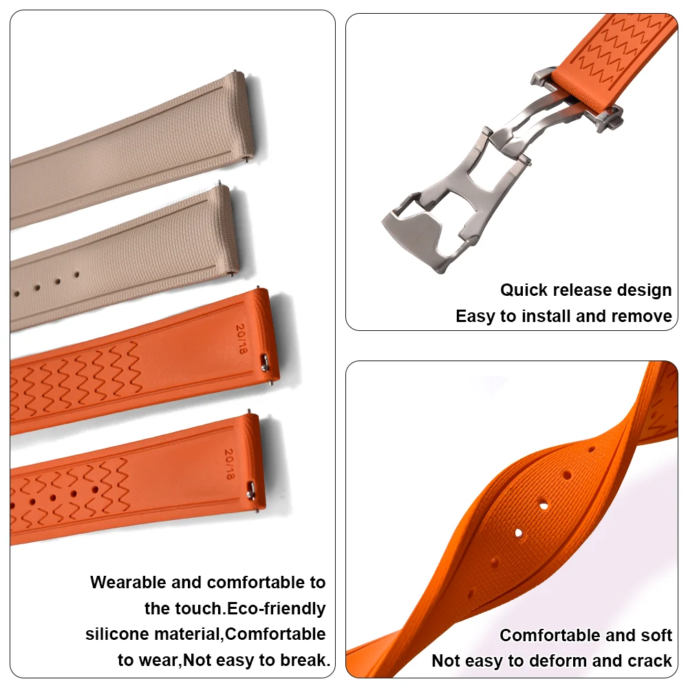 Fit For Cartier Tank Santos Omega Swatch Universal 20mm 21mm 22mm Quick Release FKM Rubber Watch Strap With Omega Folding Buckle