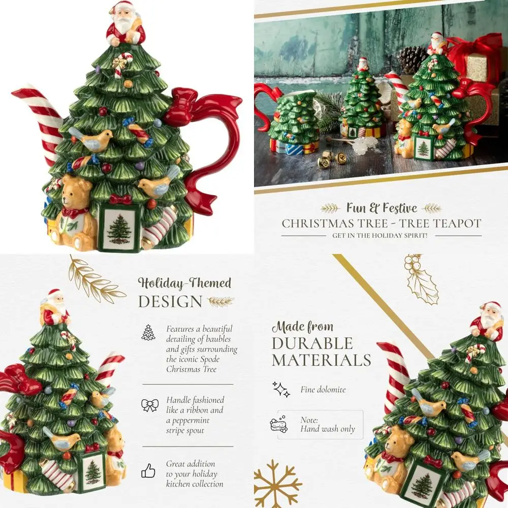 

Festive 27 oz Christmas Teapot with Peppermint Stripe Spout, Mistletoe Accents, and Ribbon - Holiday Decorative Tea Pot