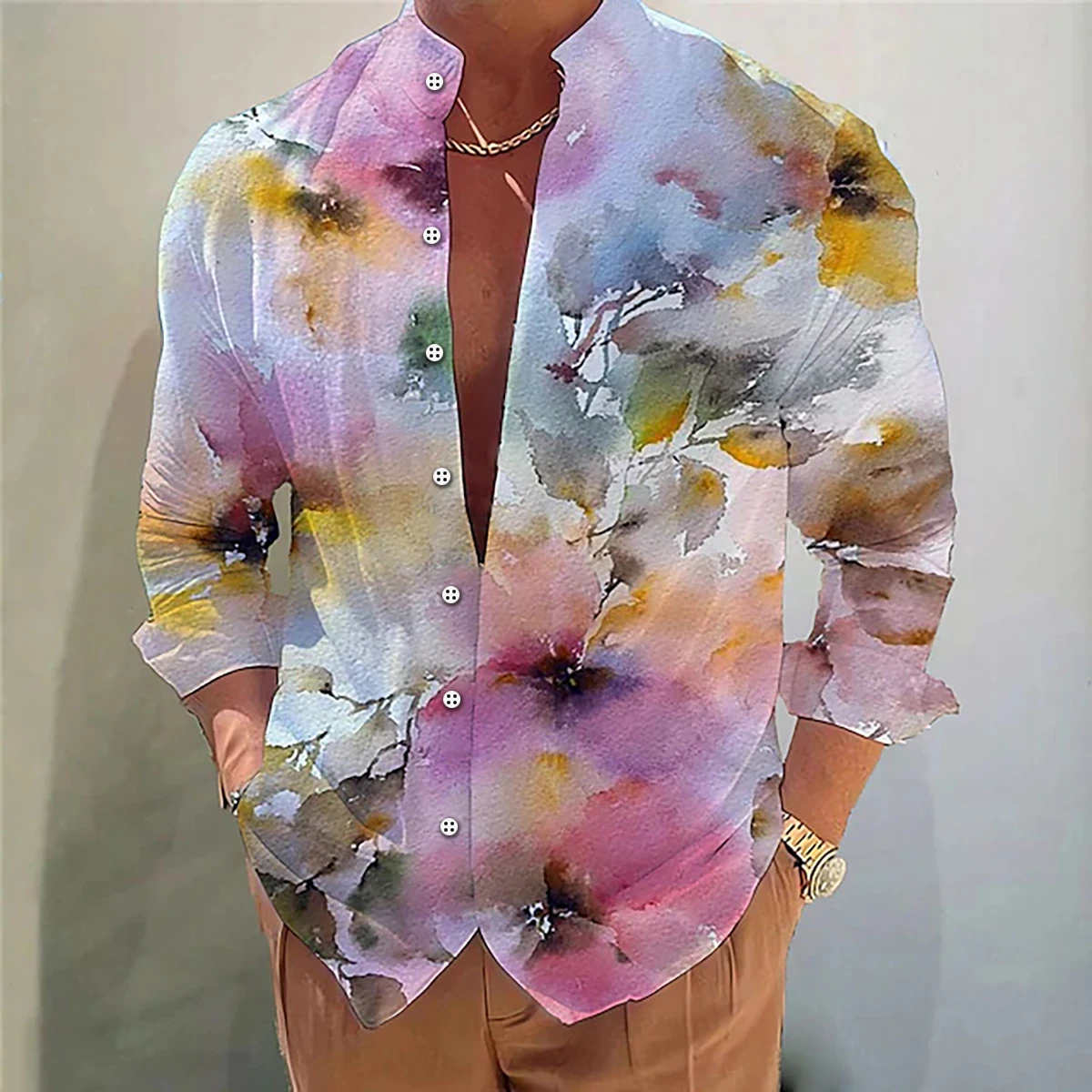 Men\'s shirt flower shirt 3D printing casual daily outdoor street stand collar long sleeve shirt fashionable and comfortable