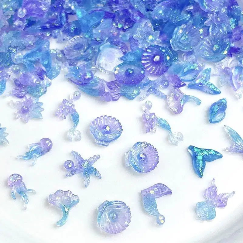 50PCS Dreamy Sparkling Shell Tail Nail Charms Luminous Blue Purple Splicing Marine Creatures Resin Nail Art Decoration DIY Nail