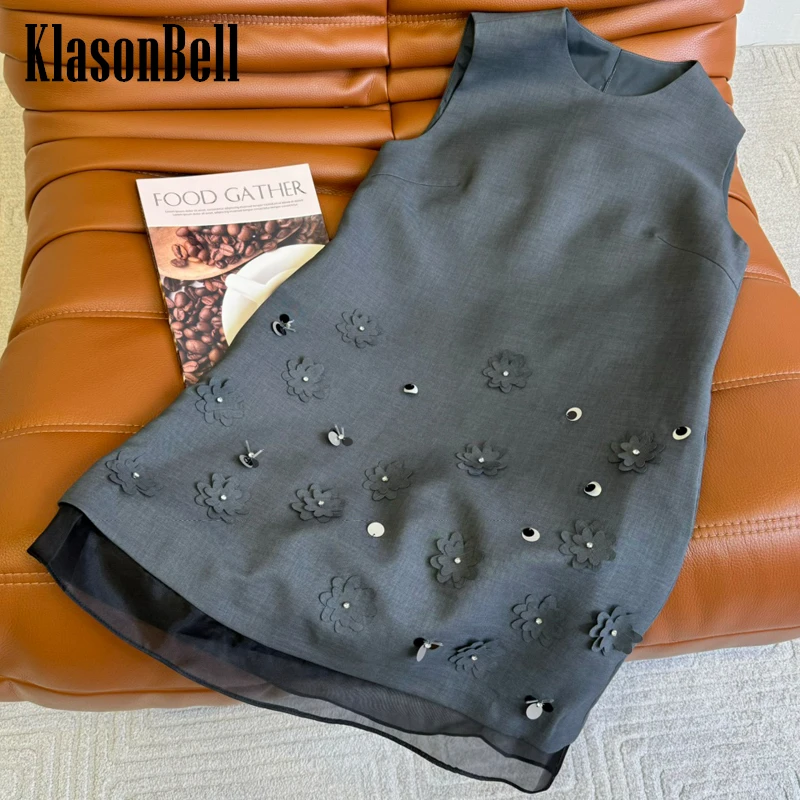 

6.14 KlasonBell Hand Three-dimensional Flower Beading O-Neck Sleeveless Sweet Girl Dress Women Gray Spliced Mesh Mini Dress