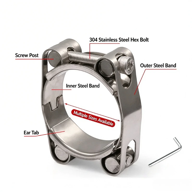 Heavy Duty T-Bolt Hose Clamp for Turbo Pressure Hoses 304 Stainless Steel Double Head Double Layer Pipe Clamps Bolt Size M6x45mm