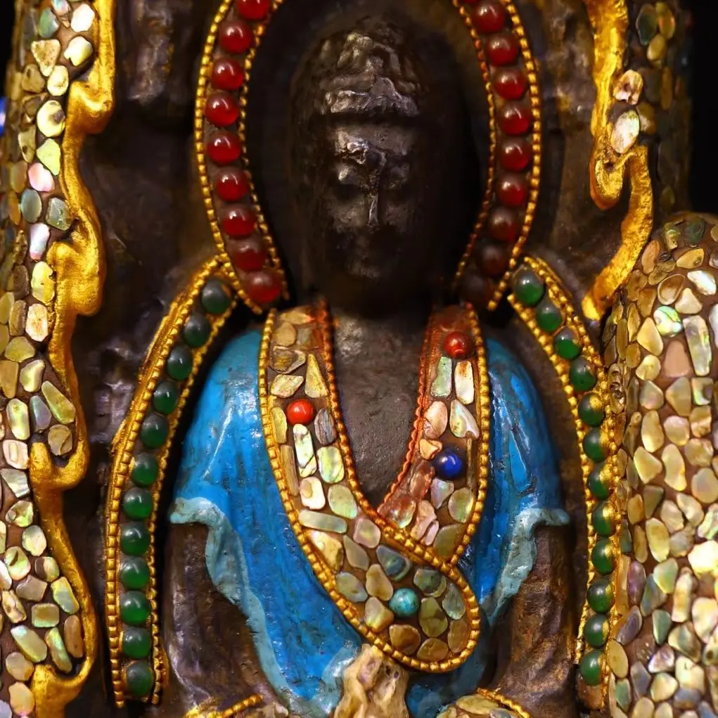 

10"Old Nepalese temples Old Meteorite Mosaic Gem gZi Beads Turquoise Sakyamuni Amitabha Buddha Buddhist Niche Worship Hall
