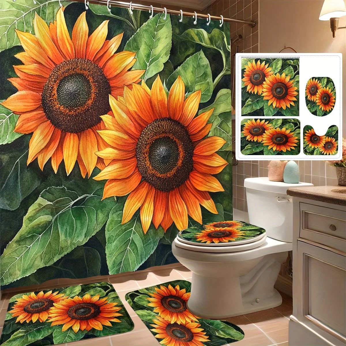 

4pcs Shower Curtain Set - Unique Beautiful Double Sunflowers, Modern Bathroom Decor with 12 Hooks, Non-Slip Bathtub Mat