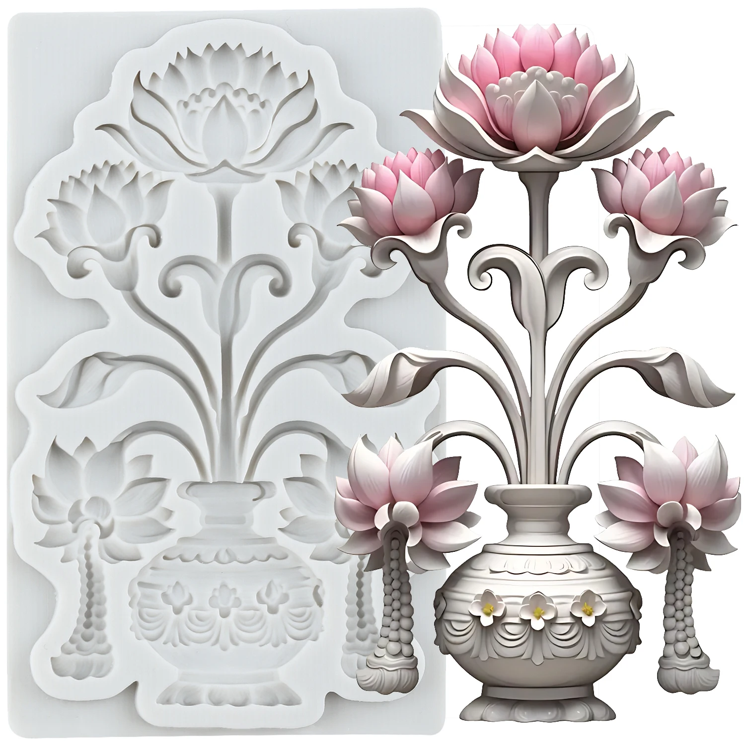 Lotus Flower Silicone Mold Flower Vase Fondant Cake Decorating Tools Cupcake Topper Chocolate Candy Craft Gum Paste Polymer Clay