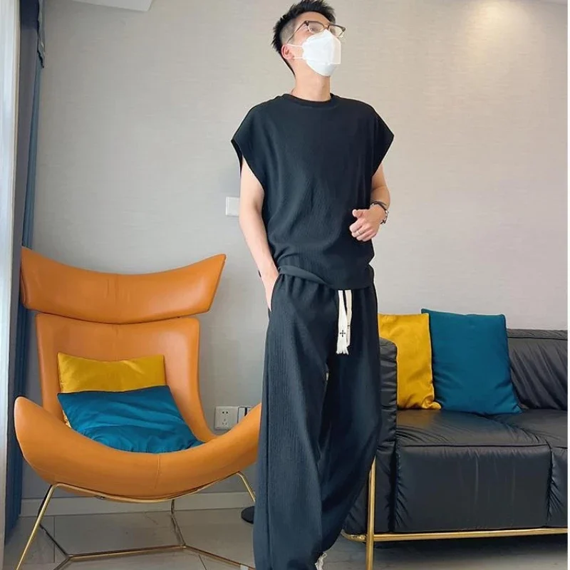 

Cotton Man Trousers Sets Sleeveless New in Tops & Tees Kpop Outdoor Luxury 2 Piece Outfit Slim Fit T-shirts Pants Suits for Men